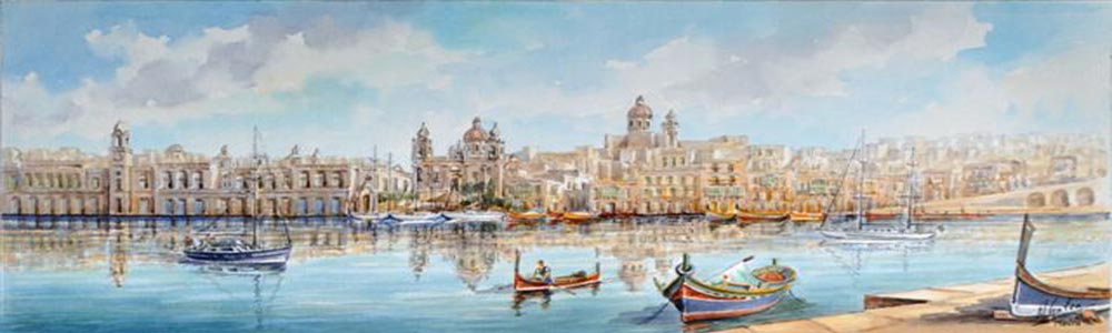 Vittoriosa Grand Harbour Malta Watercolor E.Galeja