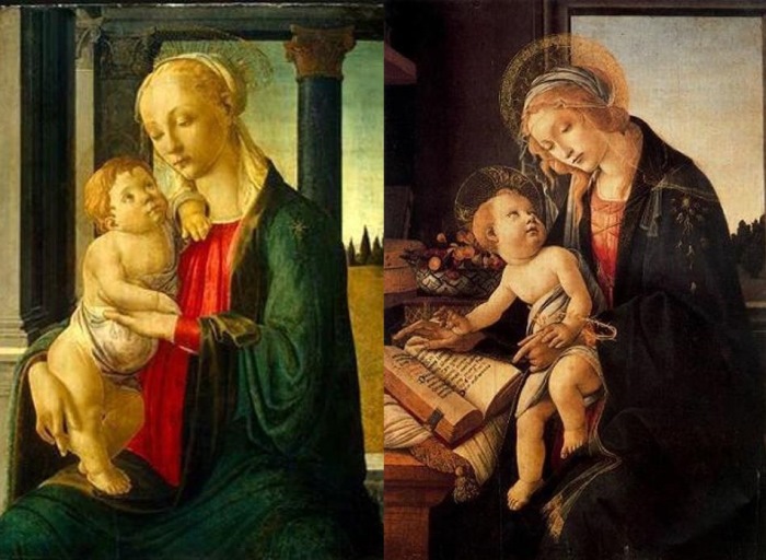 Сандро Боттичелли. Слева – Мадонна с младенцем, 1470. Справа – Мадонна с книгой, 1483