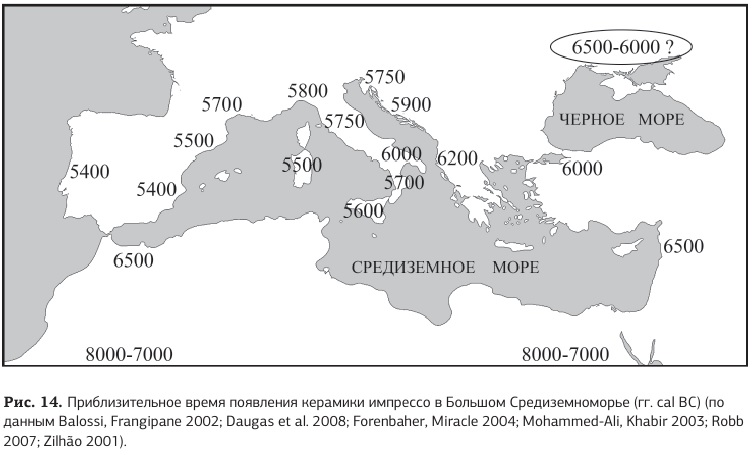 Приблизительное время появления керамики импрессо в различных регионах Средиземноморья